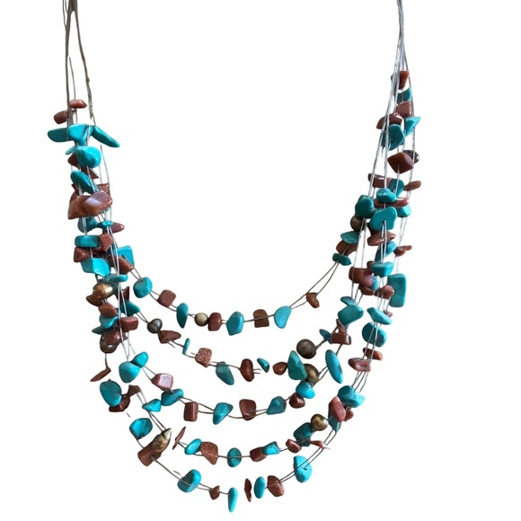 Jewelry - Multi Strand Turquoise Color  Goldstone Beaded Illusion Necklace Silver Tone